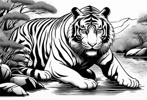 minimalist tiger crouching near water tattoo idea