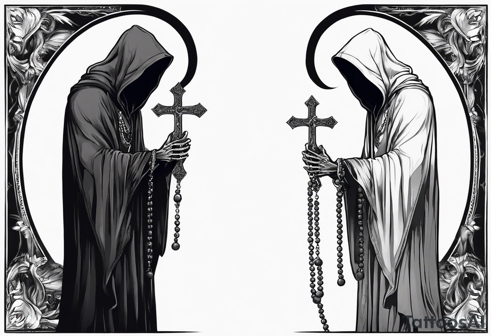 The grim reaper standing from a side profile praying with a rosary wrapped around his hands from a far with skeleton hands show his whole body tattoo idea