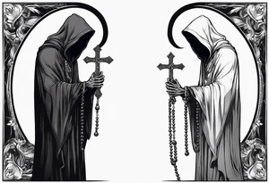The grim reaper standing from a side profile praying with a rosary wrapped around his hands from a far with skeleton hands show his whole body tattoo idea