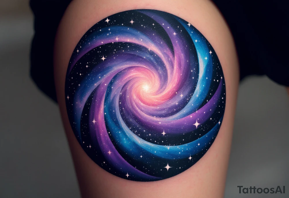 A galaxy-filled circle in purple, indigo, and black, with specks of white stars. tattoo idea