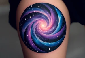 A galaxy-filled circle in purple, indigo, and black, with specks of white stars. tattoo idea