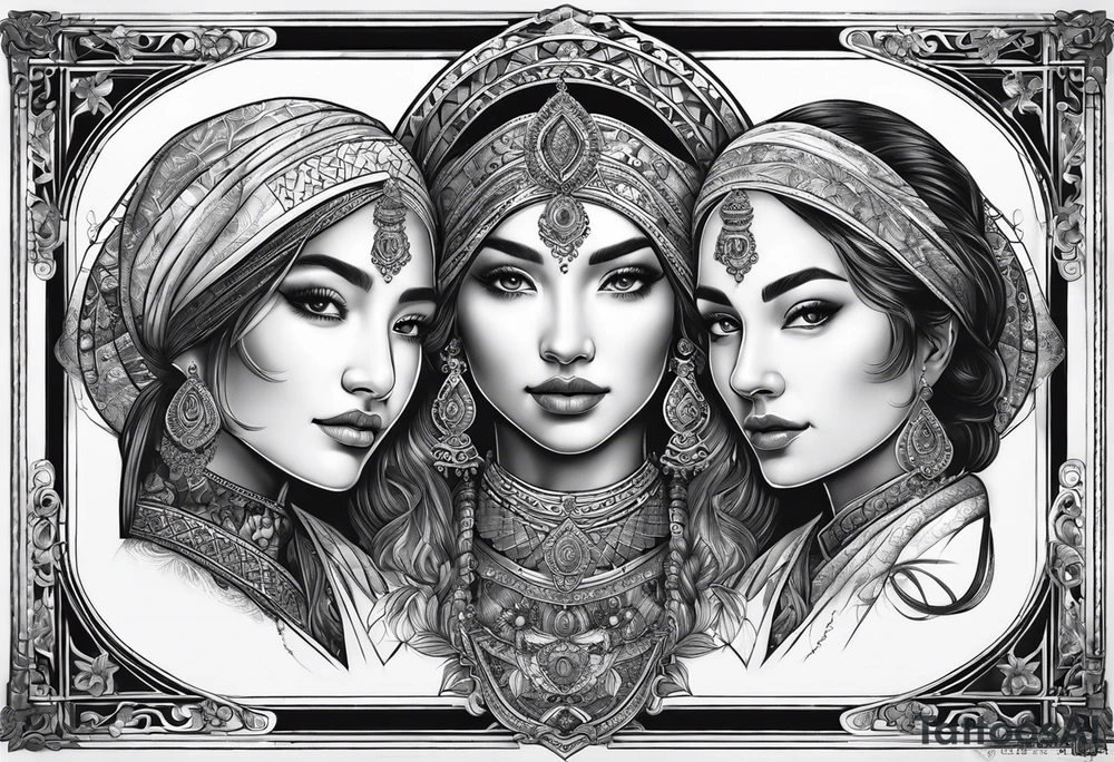 three person side by side. a really young Daughter on the left, mother in the middle, really old grandmother on the right. greater age difference, in an artfully decorated frame tattoo idea