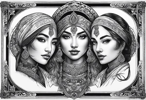 three person side by side. a really young Daughter on the left, mother in the middle, really old grandmother on the right. greater age difference, in an artfully decorated frame tattoo idea