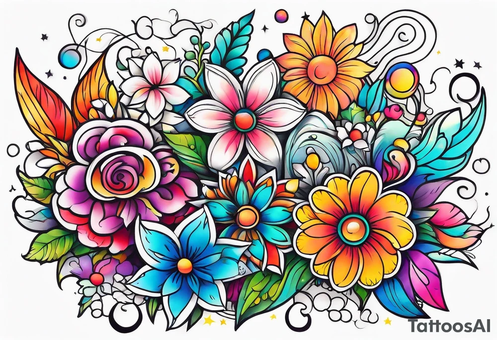 kawaii colorful flowers, stars, and characters tattoo idea