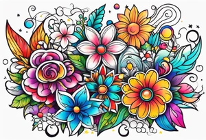 kawaii colorful flowers, stars, and characters tattoo idea