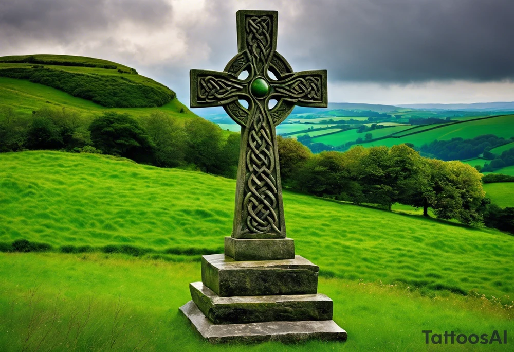 A large, weathered stone Celtic cross standing proudly atop a lush green hill, its four arms stretching skyward. The cross is intricately carved with intertwining knots and spirals, reflecting the artistry of the ancient Celts. A large raven sits perched at the intersection of the cross's arms, its ebony feathers gleaming in the soft light. The bird's eyes seem to hold a wisdom beyond its years, as if it has been witness to countless generations come and gone. tattoo idea