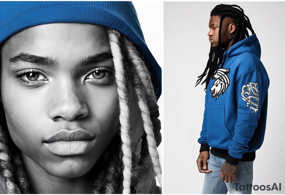 black well built teen with with a grey hoodie on and blue jeans with long dreads turning into a blue wildcat in various spots on his body. I want his hoodie appear as if its been ripped in random places from the inside with I Carolina blue football jersey showing underneath that reads Camden tattoo idea