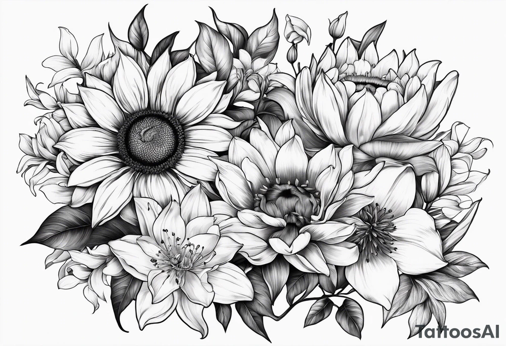 Floral design with sunflower, lily, peony, cherry blossom and tulip tattoo idea