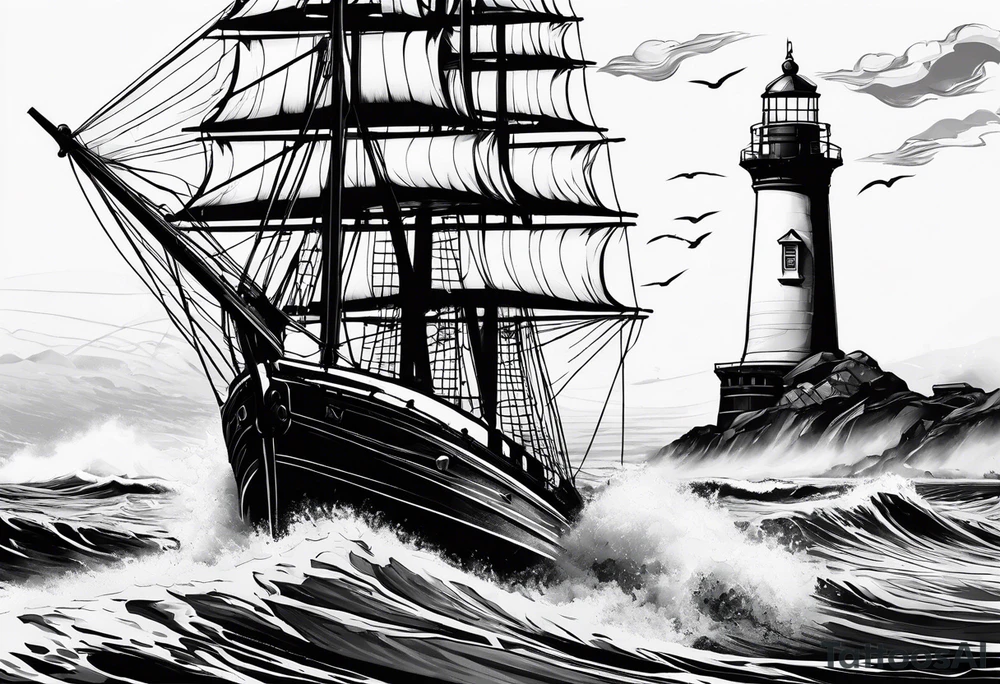 Sailboat on crashing waves with lighthouse in background tattoo idea