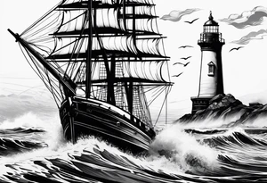 Sailboat on crashing waves with lighthouse in background tattoo idea