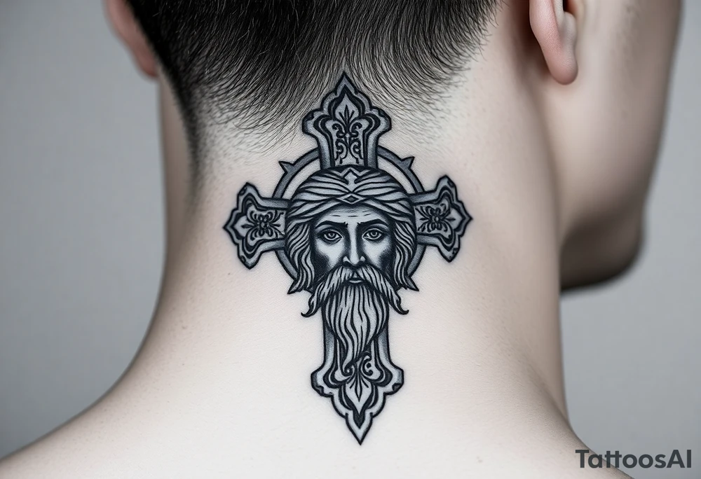 A large Orthodox cross with ornate detailing
Christ Pantocrator face (very traditional Orthodox icon style) tattoo idea
