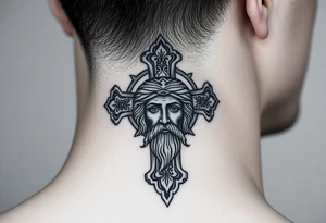 A large Orthodox cross with ornate detailing
Christ Pantocrator face (very traditional Orthodox icon style) tattoo idea