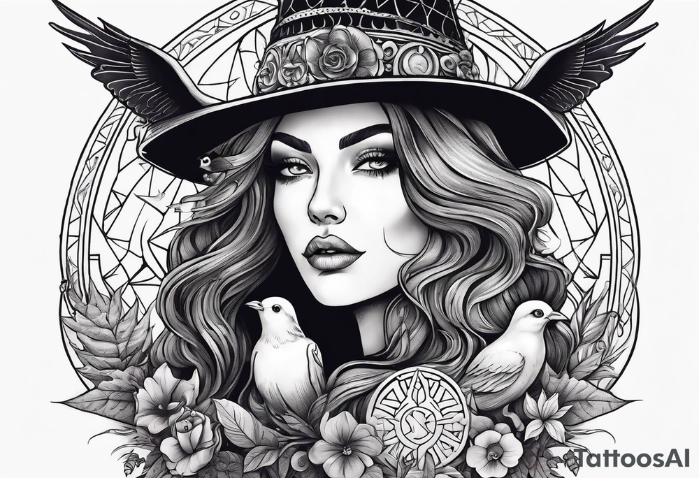 witch woman with gypsy and dove symbols, honoring the sacred feminine. mushroom, marijuana, uterus and witchcraft symbols tattoo idea