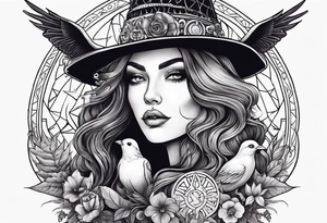 witch woman with gypsy and dove symbols, honoring the sacred feminine. mushroom, marijuana, uterus and witchcraft symbols tattoo idea