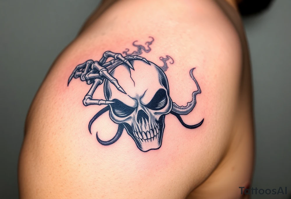 A skeletal hand holding a cracked Death Eater mask, with mist swirling around it, symbolizing secrecy and power tattoo idea