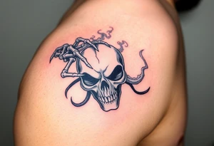 A skeletal hand holding a cracked Death Eater mask, with mist swirling around it, symbolizing secrecy and power tattoo idea