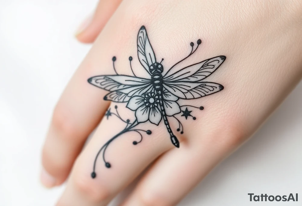 Tattoo  ecrit 'dinna fash'. style celtique linge noir fin avec fleur ecossai et dragonfly. position du tattoo main vers le pouce allonger tattoo idea