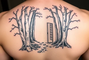 A wooded area with a doorway that is slightly ajar, leading to space tattoo idea