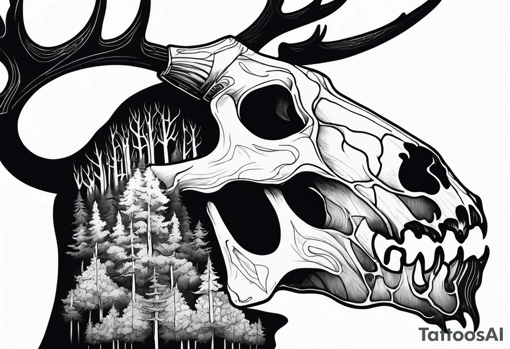 Scary side profile of a DECAYING deer skull JUST BONE surrounded by a flames and trees in background tattoo idea