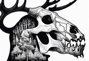Scary side profile of a DECAYING deer skull JUST BONE surrounded by a flames and trees in background tattoo idea