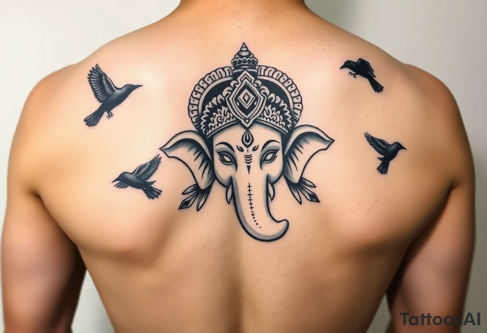 black and white Ganesha head tattoo with crows fly towards and away from him tattoo idea