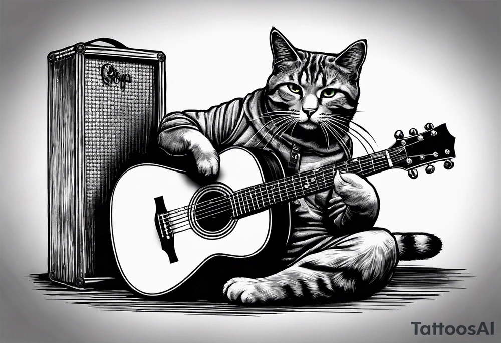 A cat playing acoustic guitar and sitting on a cajon. tattoo idea
