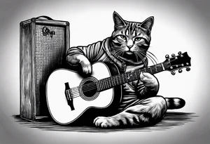 A cat playing acoustic guitar and sitting on a cajon. tattoo idea