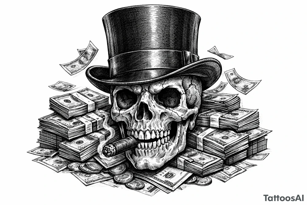 skull with cigar in mouth,top-hat,surrounded by money. tattoo idea