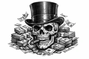 skull with cigar in mouth,top-hat,surrounded by money. tattoo idea