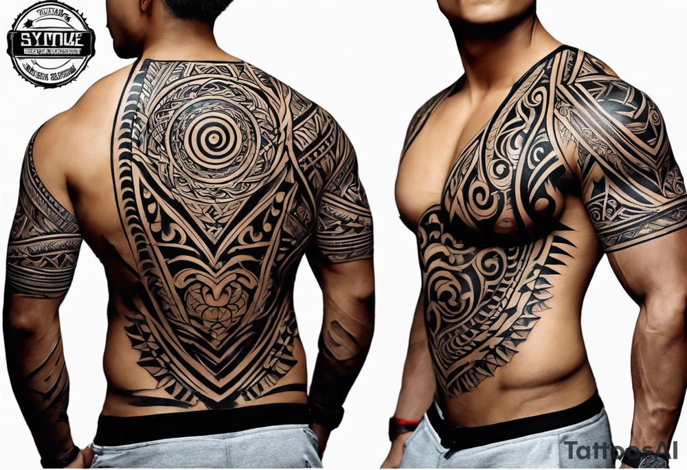 Create a tribal tattoo design featuring bold, intricate patterns with sharp, flowing lines. The design should have a symmetrical and dynamic appearance, incorporating elements such as curves, spirals, and abstract shapes. The tattoo should convey a sense of strength and power, suitable for placement on the upper arm or back. Make sure the patterns are dense and interconnected, creating a cohesive and striking visual impact. tattoo idea