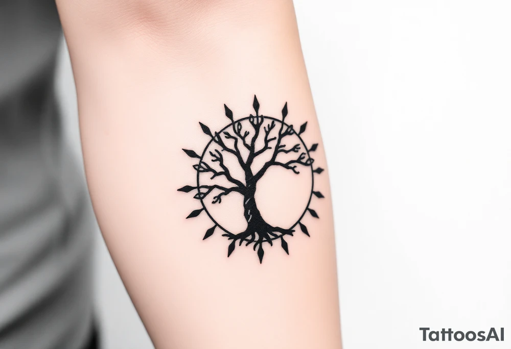 Tree inside of a spiral moving sun tattoo idea