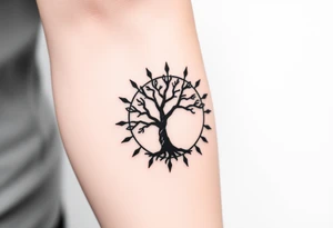 Tree inside of a spiral moving sun tattoo idea
