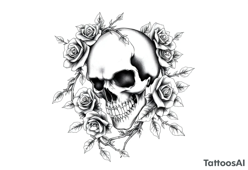 gothic skull intertwined with climbing roses and thorny vines tattoo idea