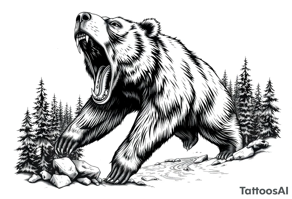 roaring bear,forest,river. tattoo idea