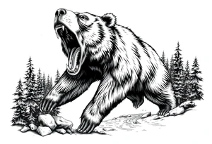 roaring bear,forest,river. tattoo idea