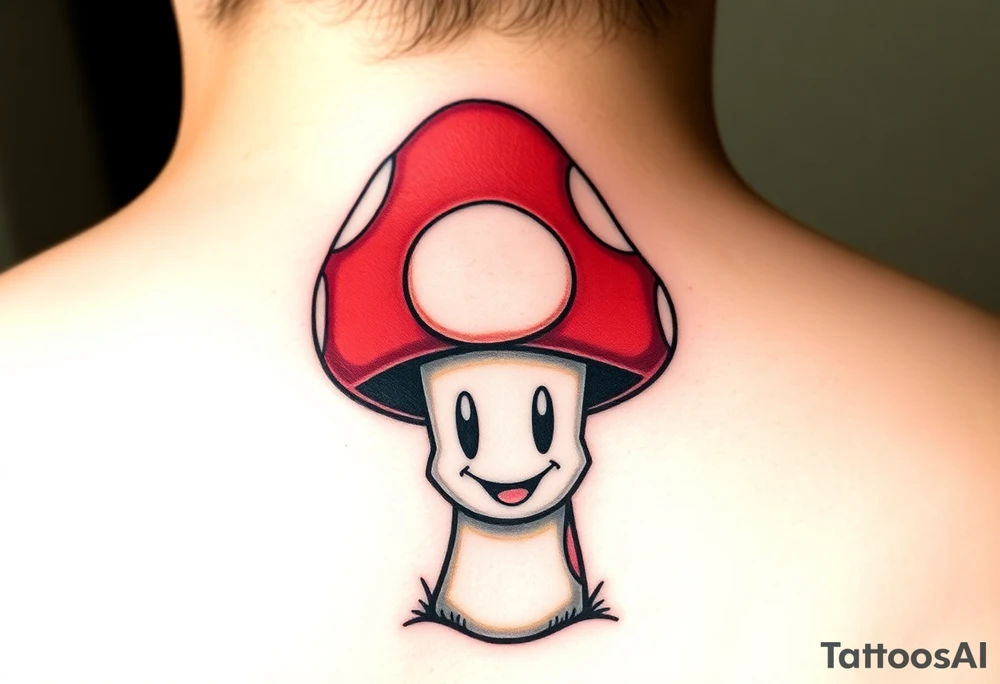 A POWERFUL AND UNIQUE MUSHROOM.. THE MUSHROOM IS PSYCHADELLIC AND GROVING A HAPPY FACE. THE MUSHROOM HAS A SIMPLE SMILING HAPPY FACE IN THE STEM. THE CAP IS LARGE AND RESEMBLES TOAD FROM MARIO. THE CAP OF THE MUSHROOM IS RED. THERE ARE WHITE SPOTS ON THE CAP OF THE MUSHROOM. THE WHITE SPOTS ON THE CAP OF THE MUSHROOM SPELL THE WORD LYLA. tattoo idea