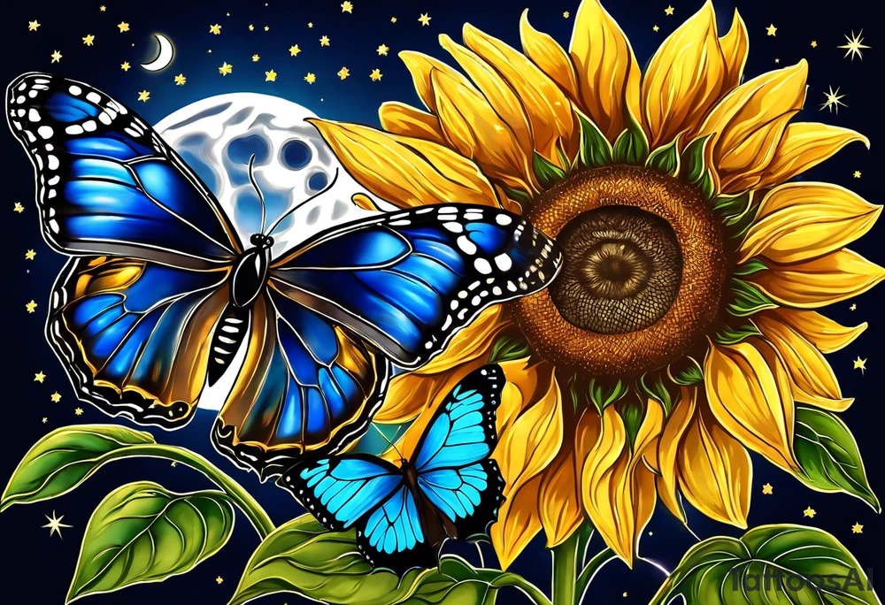 Sunflowers, full moon, blue morpho butterflies, starry sttary night, you are my sunshine. tattoo idea