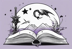 a small open fantasy book. a high flying dragon. A fallen pawn. a cluster of lavender wrapped around a sword with a bee. A tiny raven. Stars and crescent moon. tattoo idea