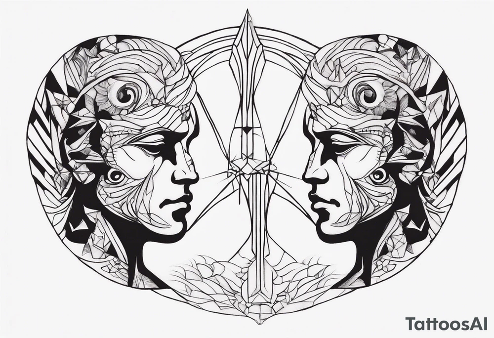 Men's chest tatto with two psychedelic entities facing each other, meaning that only  their sides are visible. Very mininalistic and more abstract rather than realistic tattoo idea