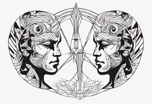 Men's chest tatto with two psychedelic entities facing each other, meaning that only  their sides are visible. Very mininalistic and more abstract rather than realistic tattoo idea