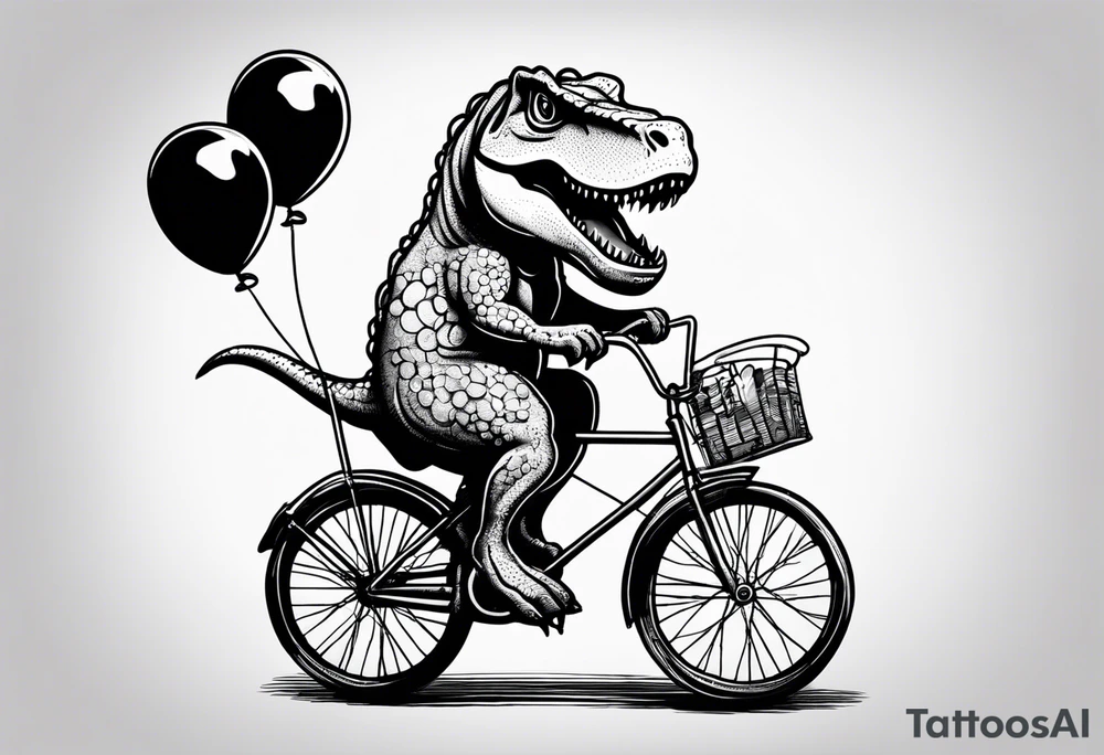Trex riding a bicycle holding balloons tattoo idea