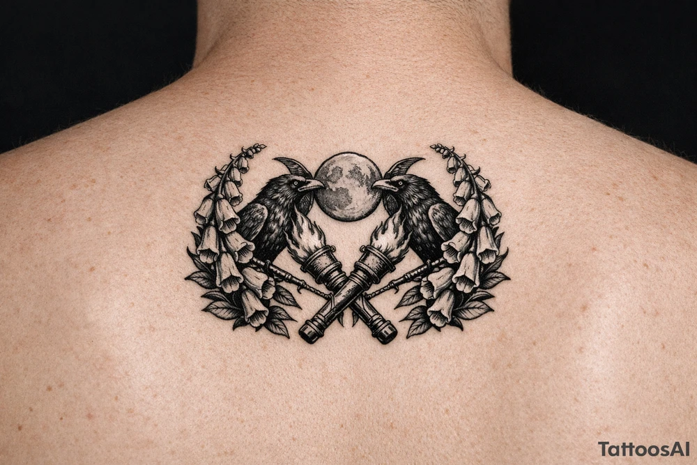 A stylized triple moon with ravens and crossing torches, framed by foxglove for chest tattoo idea
