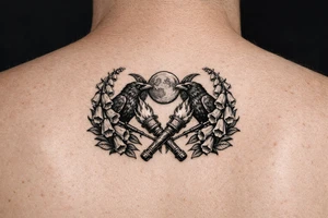 A stylized triple moon with ravens and crossing torches, framed by foxglove for chest tattoo idea