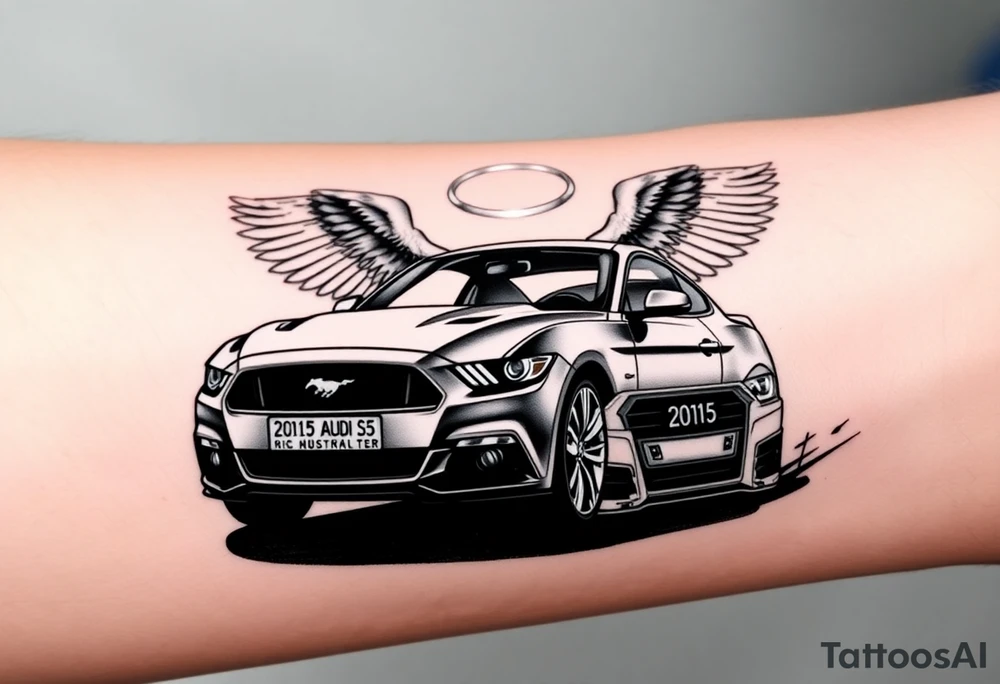 2014 Mustang  driving down highway with 2015 Audi S5 with Angel wings and halo above 2015 Audi S5 tattoo idea
