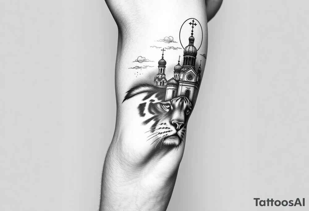 in a dorsal view of the hand and forearm a tiger face on the hand with black hollowed eyes, then above this a orthodox church shrouded with a mist and fading into a virgin mary overlooking tattoo idea
