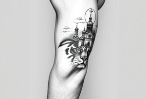 in a dorsal view of the hand and forearm a tiger face on the hand with black hollowed eyes, then above this a orthodox church shrouded with a mist and fading into a virgin mary overlooking tattoo idea