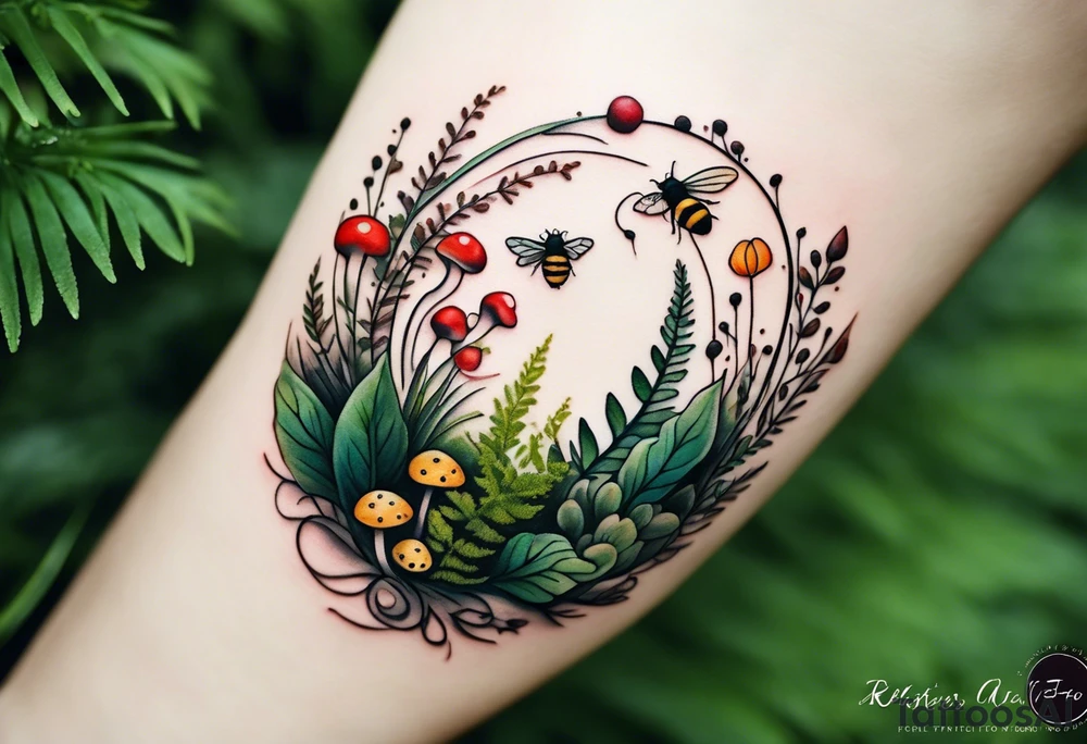 forest floor inspired minimalist tattoo, which includes grass, curly ferns, moss and dead leaves as the bulk of the tattoo. details to include: forest berries, a tiny bumblebee flying nearby, three small brown mushrooms
Generate a vertically long one tattoo idea