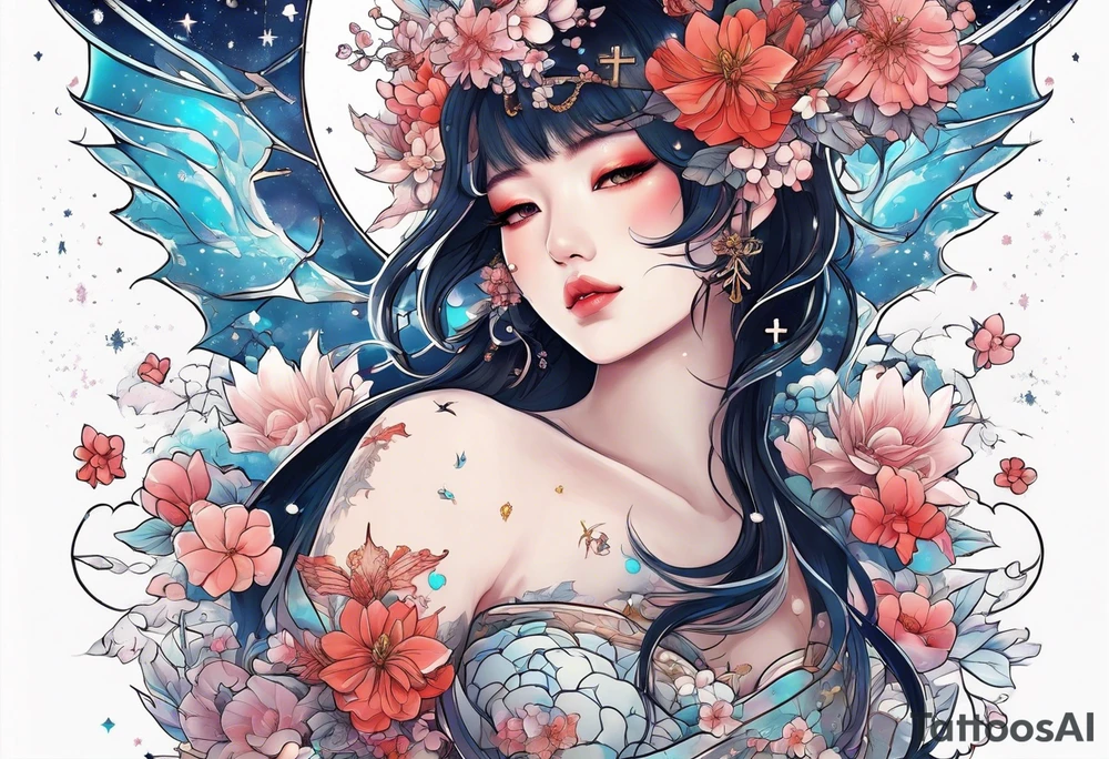 Constellation, wing , snow , cross , dragon female japan kawaii , flower tattoo idea