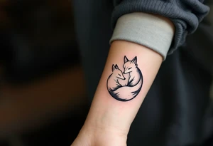 A black and white yin-yang formed by curled foxes on both partners shoulder. tattoo idea