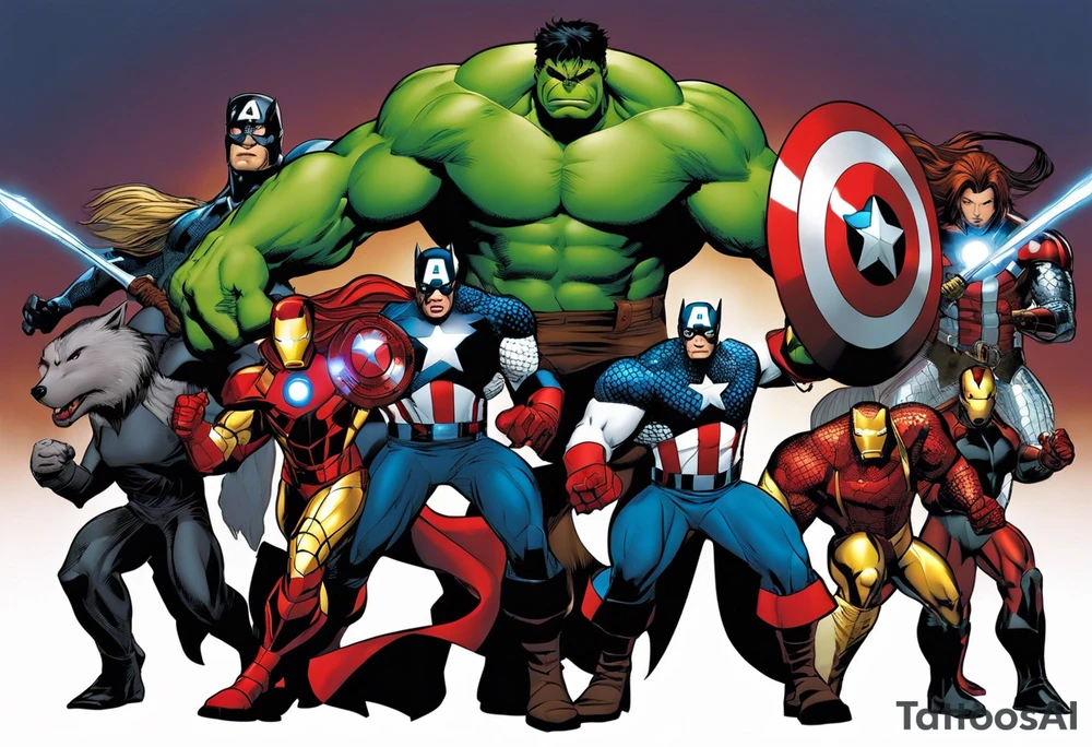 I want to change Avengers Team characters with animals. Hulk will be represented by a Badger.
Thor will be depicted as an Alpha Grey Wolf.
Captain America will be symbolized by a Bull.
Iron Man's character will be embodied by a Canary.
Black Widow's role will be portrayed by an Axolotl.
Hawkeye will be depicted as a Sudan Plated Lizard.
Nick Fury will be represented by a Cat. tattoo idea